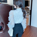 huidianyin V-neck Long Sleeve Lace Blouse Women Tops Tassel White Shirts Blusas Hollow Out Lace Flowers Ladies Blouses Shirts 16095