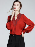 huidianyin V Neck Shirts Long Sleeve Embroidery Blouse Women Hollow Out Tops Spring 2023 New Office Lady Solid Loose Clothes 20645