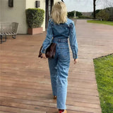 Huidianyin Blue Denim Jumpsuit Women Elegant Long Jumpsuits Woman 2023 Long Sleeve Jean Woman Jumpsuit Straight Leg Summer Overalls