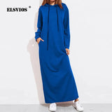 Huidianyin Women Loose Casual Solid Color Hooded Dress Autumn Winter New Long Sleeves Fashion Pockets Streetwear Elegant Lady Maxi Dresses