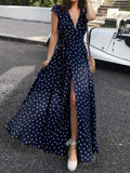 Huidianyin Bohemian Slit Hem Maxi Dresses Women Polka Dot Sexy V Neck Long Dress 2023 Summer Casual Short Sleeve Belted Sundress