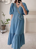 Huidianyin Retro Women Dress ZANZEA Summer Puff Sleeve Maxi Vestidos Casual Solid Denim Blue Baggy Sundress Oversized Robes Longue