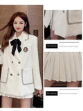 Huidianyin All-match High-waist Pleated Skirt Long Sleeve Lapel Blazer A-Line Elegant Shirt Clothes Preppy Style New