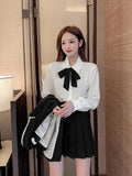 Huidianyin All-match High-waist Pleated Skirt Long Sleeve Lapel Blazer A-Line Elegant Shirt Clothes Preppy Style New