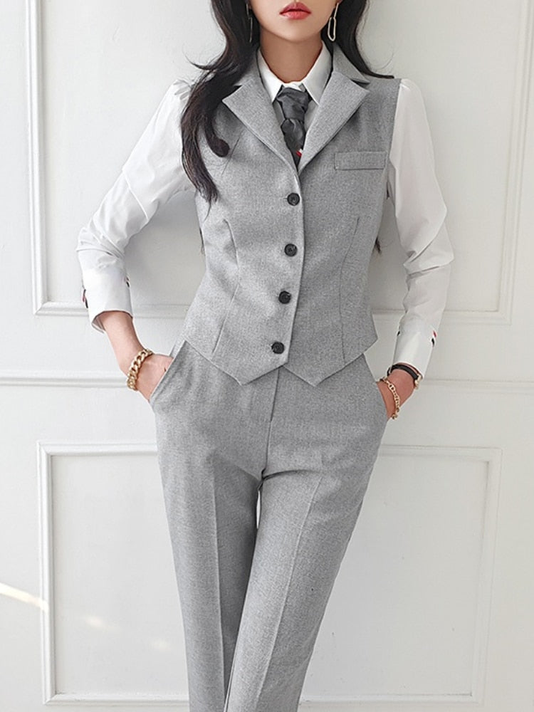 Huidianyin Women Vintage High Quality Office Suit Ladies Work Wear OL Pantsuits Formal Female Blazer Jacket Vest Trousers 3 Pieces Set