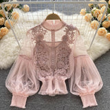 huidianyin Through Mesh Lace Blouse with Lining Women Elegant Embroidery Floral Lantern Sleeve Slim Short Tops Ladies Sexy Shirts 25914