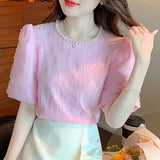 huidianyin Elegant Beading Lace Blouse Puff Short Sleeve Women Korean Shirts O-neck Sweet Pleated New Casual Loose Tops Blusas 27169