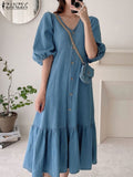 Huidianyin Retro Women Dress ZANZEA Summer Puff Sleeve Maxi Vestidos Casual Solid Denim Blue Baggy Sundress Oversized Robes Longue