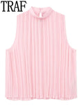 Huidianyin Pleated Chiffon Blouses Women Sleeveless Pink Top Female Loose Summer Blouses Woman 2023 Fashion Elegant Chic Woman Top