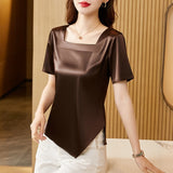 huidianyin Blouse Women Square Collar Womens Tops Silk Short Sleeve Blouses Elegant Ladies Tops 2023 Fashion Summer Female Clothing