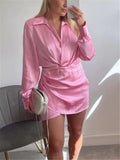 Huidianyin 2023 Satin Shirt Dress Woman Multicolor Short Dresses For Women Long Sleeve Mini Dress Elegant Casual Women's Dresses