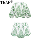 Huidianyin 2023 Woman Embroidery Short Sets Green Cut Out Summer Shorts For Women Mid-Waist Boho Beach Mini Shorts Woman Fashion