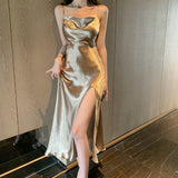 huidianyin Collar Sexy Split Satin Evening Dress Summer Fashion Sling High Waist Pullover Party Club Elegant Women Maxi Dresses 2023