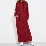 Huidianyin Women Loose Casual Solid Color Hooded Dress Autumn Winter New Long Sleeves Fashion Pockets Streetwear Elegant Lady Maxi Dresses