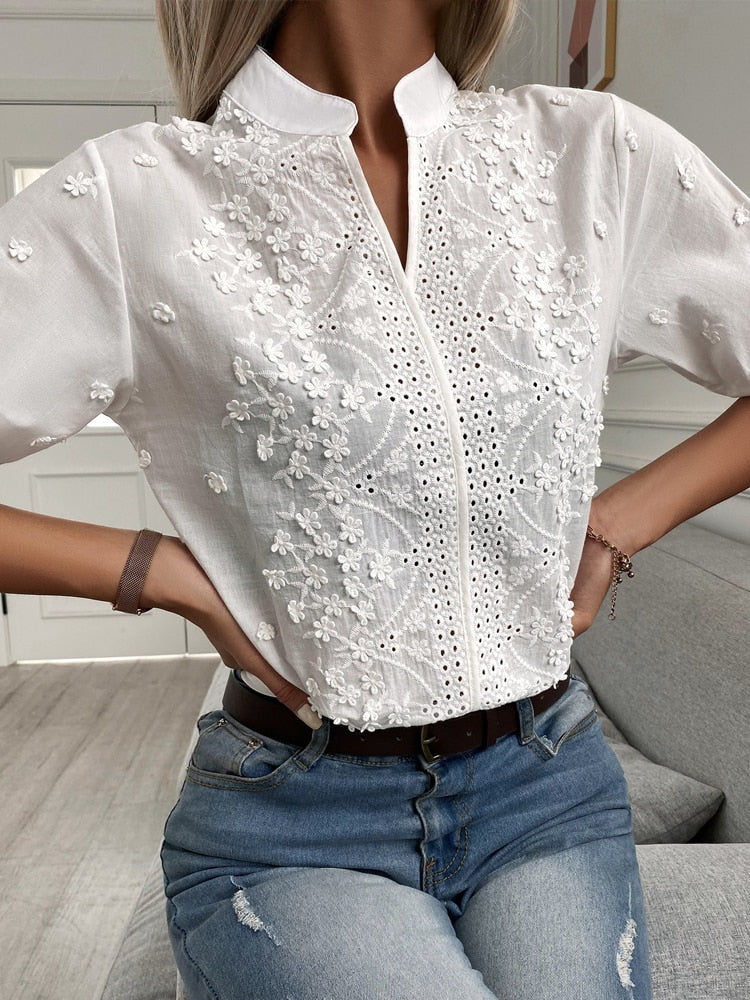 huidianyin Floral Embroidery Lace Blouse Women Hollow-out Stand Collar V Neck Casual Shirt Elegant Short Sleeve Cotton Tops 24350 925