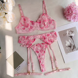 Huidianyin Fancy Lingerie Floral Embroidery Underwear 3-Piece Luxury Lace Garter Brief Sets Bra And Panty Sexy Outfit Intimate