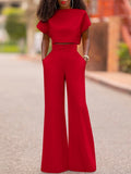 Huidianyin Women Pants Set 2023 Casual Solid Short Sleeve Tops Palazzo Suits Femme High Waist Zipper Office Long Trouser Set Oversize