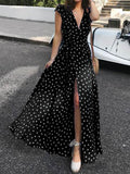 Huidianyin Bohemian Slit Hem Maxi Dresses Women Polka Dot Sexy V Neck Long Dress 2023 Summer Casual Short Sleeve Belted Sundress