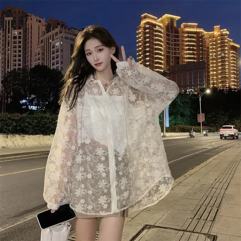 Huidianyin Sunscreen Jacket Women Perspective Hollow Out Mesh Trench Outwear Zipper Coat Floral Embroidery Hoodies Loose Coat