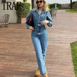 Huidianyin Blue Denim Jumpsuit Women Elegant Long Jumpsuits Woman 2023 Long Sleeve Jean Woman Jumpsuit Straight Leg Summer Overalls