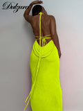 Huidianyin Lace Up Halter Neon Maxi Dress Backless Bodycon Sexy Party Evening Elegant Club Outfits Birthday Festival Clothing