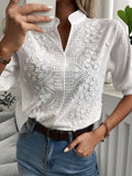 huidianyin Floral Embroidery Lace Blouse Women Hollow-out Stand Collar V Neck Casual Shirt Elegant Short Sleeve Cotton Tops 24350 925