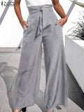 Huidianyin Women Wide Leg Pants ZANZEA 2023 Summer Office Lady Belted Pants Casual Loose Zipper Bottoms Ladies Oversized Pantalon