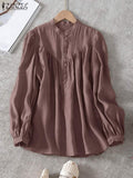 Huidianyin Spring Office Lady Tops Tees Oversized Blusa Femininas Women Pleated Blouse ZANZEA Casual Solid Loose Long Sleeve Shirts 912