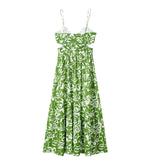 Huidianyin 2023 Cut Out Slip Long Dress Women Summer Green Floral Dress Woman Pleated Backless Sexy Party Dresses Beach Holiday Dress