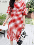 Huidianyin Summer Plaid Checked Sundress ZANZEA Women Casual Holiday Midi Dress Bohemian Short Sleeve Beach Party Vestido Kaftan