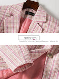 Huidianyin Women Elegant Plaid Blazer Long Sleeve Single Button Slim Checked Coat Formal Office Work Jacket Outerwear Pink Blue