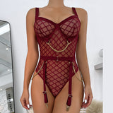 Huidianyin Plaid Bodysuit Sensual Lingerie With Chain Open Crotchless Teddy Bear Transparent Lace Sissy Erotic Body Sexy Tights 912