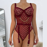 Huidianyin Plaid Bodysuit Sensual Lingerie With Chain Open Crotchless Teddy Bear Transparent Lace Sissy Erotic Body Sexy Tights