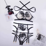 Huidianyin Lingeries Lace Underwear 3-Pieces Sensual Erotic Sets Embroidery Transparent Halter Bra Cut Out Panties Intimate Set