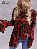 Huidianyin Casual Leopard Print Shirts Summer O-neck Peplum Tops Women Long Flare Sleeve Blouses Vintage Asymmetrical Ruffled Blusas