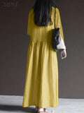 Huidianyin Vintage V Neck Long Sleeve Dress 2023 ZANZEA Elegant Women Casual Solid Stylish Holiday Vestidos Maxi Sundress Robe Femme