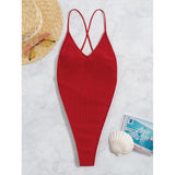 Huidianyin One-Piece Thong Swimsuit High Cut Backless Monokini Solid Whole Swimwear Ribbed Bikini Sexy Harajuku Bathing Suit