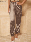 Huidianyin Fashion Women OL Trousers ZANZEA Summer Elastic Waist Solid Satin Long Pants Female Casual Loose Homewear Pantalon Turnip