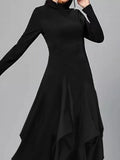 Huidianyin Women Casual Long Dress Autumn Cowl Neck Petal Hem Long Sleeve Casual Dress Party Slim Fashion Asymmetrical Vintage Dress