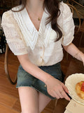 huidianyin Elegant Lace Chiffon Blouse Doll Collar Women 2023 Summer Korean Fashion Short Sleeve Tops Mujer Hollow Lady Shirt 25357