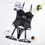 Huidianyin Lingerie Corset Outfits 4-Piece Seamless Sexy Porn Underwear Uncensored Sheer Lace Sissy Erotic Set Black Intimate