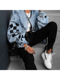 huidianyin Jean Jacket Women Denim Jackets Autumn Winter Loose Plaid Zipper Tops Streewear Hip Hop Coats Jackets Ladies Plus Size 5xl