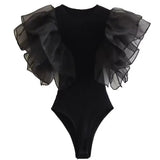 Huidianyin Black White Body Woman Organza Ruffle Sleeveless Bodysuit Women Lingerie Sexy Bodys For Women 2023 Summer Woman Bodysuit