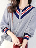 Huidianyin Temperament Stripe Korea Fashion College Loose Thin V-neck Shirt Women's Long Sleeve Cardigan Casual Coat Ladies Office
