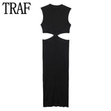 Huidianyin Black Knitted Dresses For Women 2023 Cut Out Bodycon Long Dress Women Sexy Midi Party Dresses Sleeveless Summer Dress