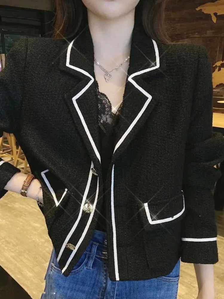 Huidianyin Women Blazer Casual Fashion Korean Vintage Elegant All-match Simple Soft Single-breasted Long Sleeve Street Office Lady Tops