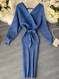 Huidianyin Elegant Knitted Sweater Dress Woman Vintage Slim Bodycon Party Prom Vestidos Female Fashion Solid Clothes Robe New