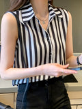 huidianyin and White Striped Woman Shirts Summer Tank Top Blouse for Women Sleeveless Blouses Chiffon Ladies Tops OL Female Clothing