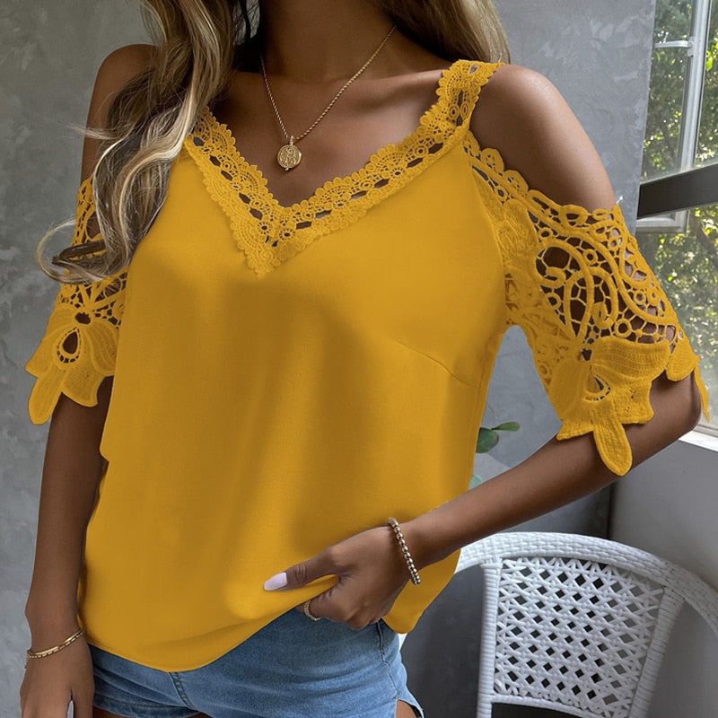 huidianyin Off Shoulder Lace Blouse Women Elegant V-Neck Hollow Out Short Sleeve Tops Mujer Ladies Loose Shirts Casual Clothes 25711