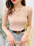 huidianyin Women Camisole Lace Blouse Sweet Hollow Casual Slim Sleeveless T-shirt V Neck Knitted Cotton Bottoming Shirt Korean Top 19411